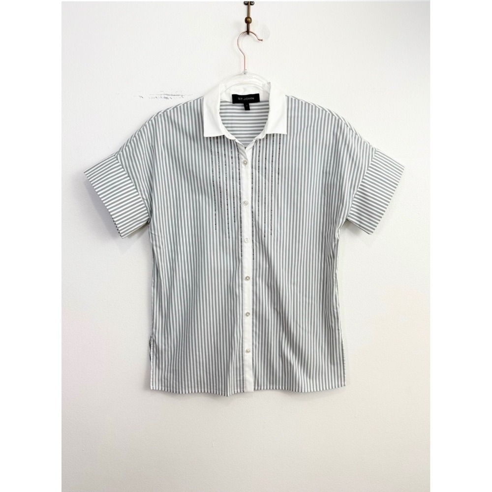 St. John Gray White Striped Crystal Embellished Button Front Shirt P